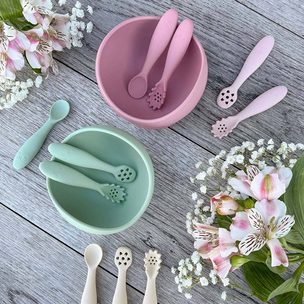 Lot de 3 pré-cuillères bébé en silicone vert camée – Bientôt disponible