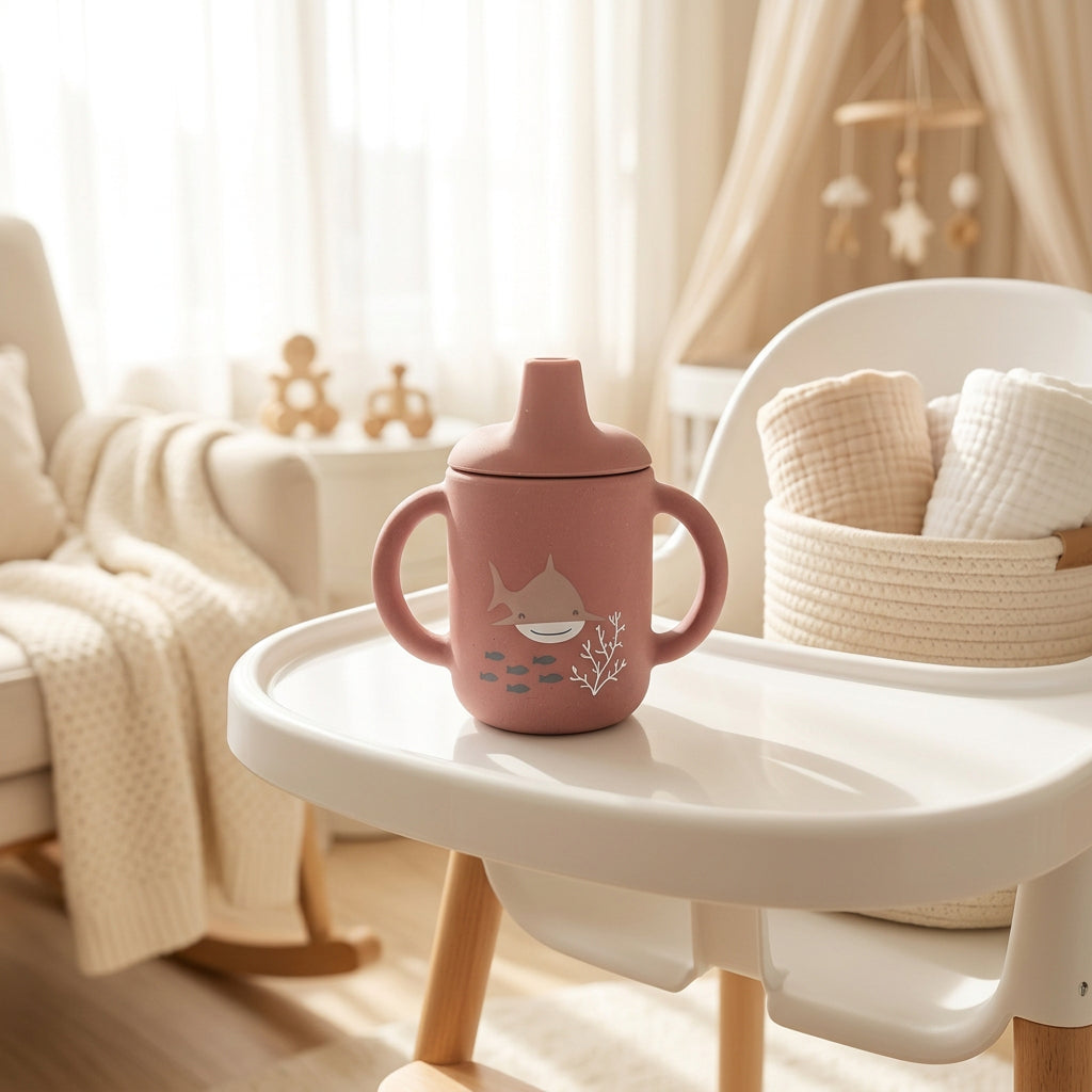 Tasse d’apprentissage bébé en silicone rose poudré – Bientôt disponible