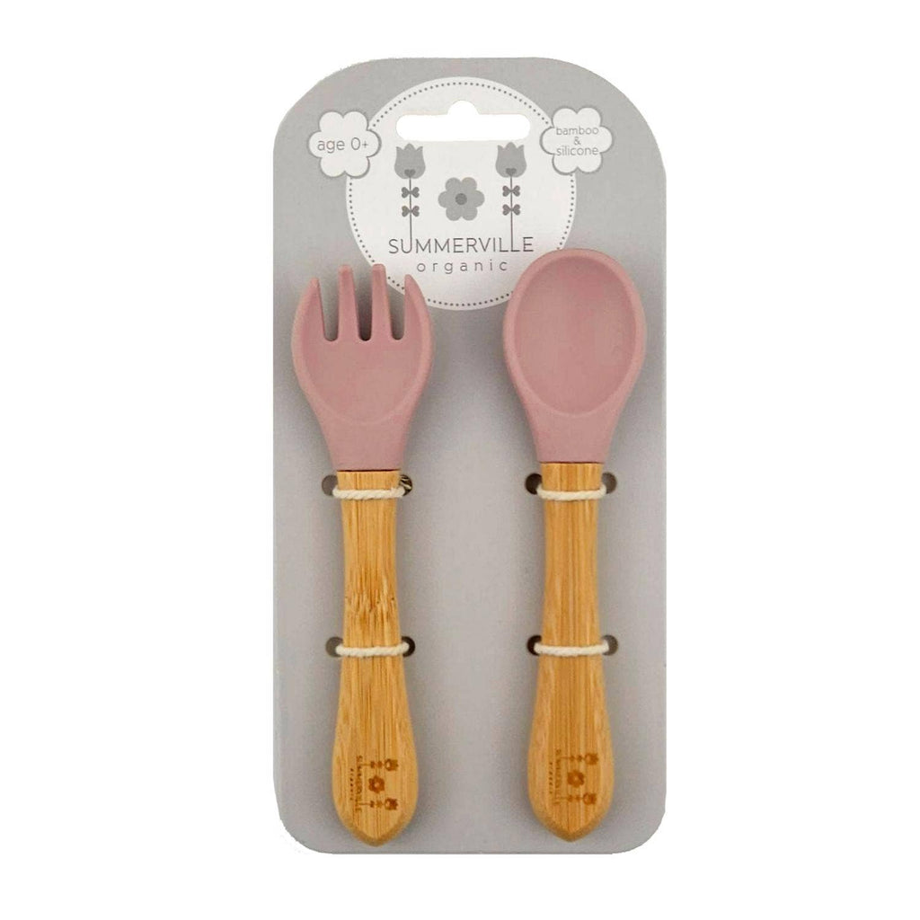 Cuillère et fourchette bébé en bambou et silicone mauve pâle – Bientôt disponible