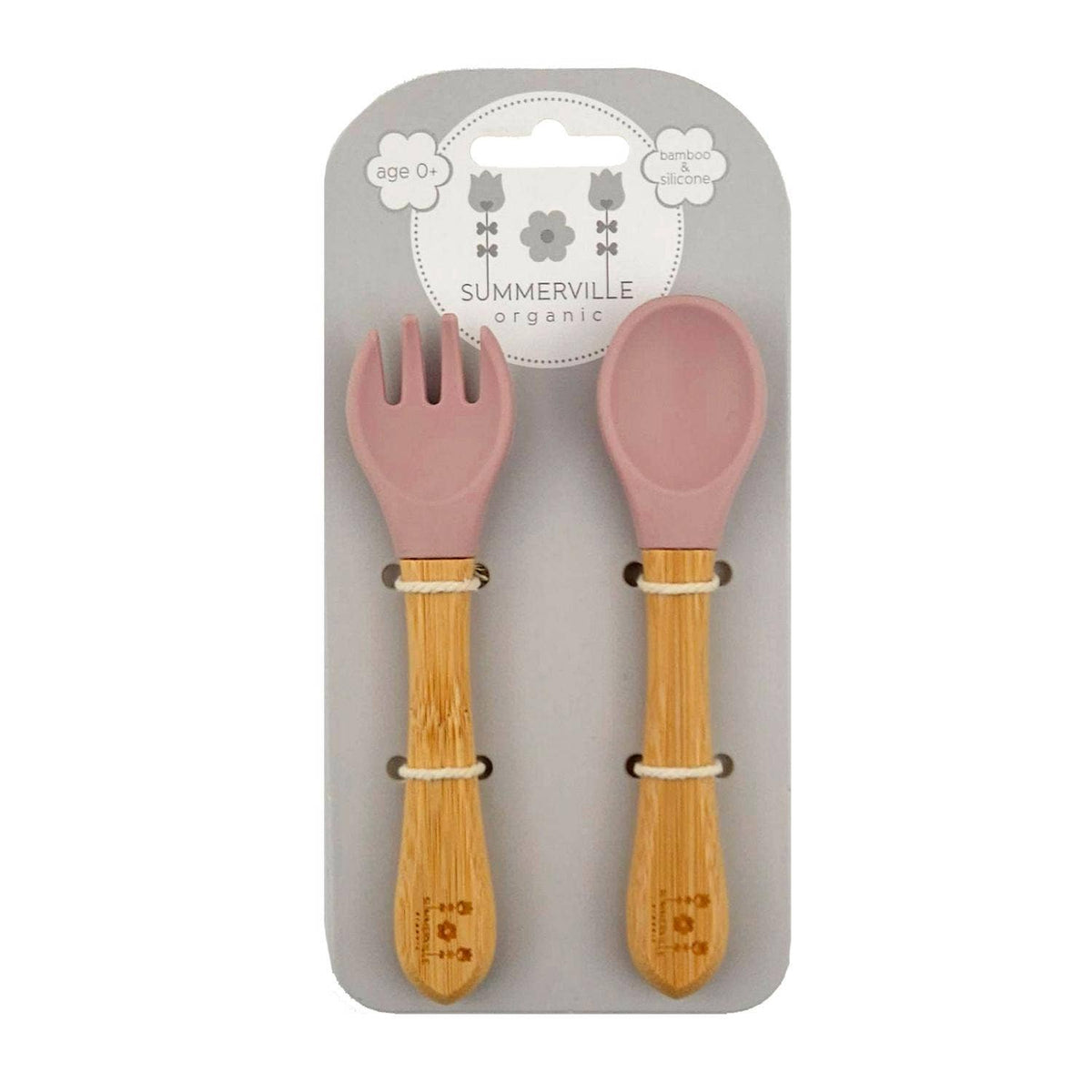 Cuillère et fourchette bébé en bambou et silicone mauve pâle – Bientôt disponible