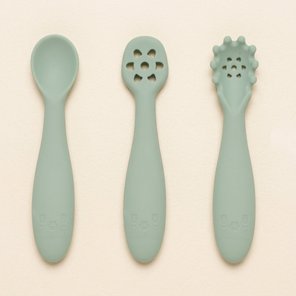 Lot de 3 pré-cuillères bébé en silicone vert camée – Bientôt disponible