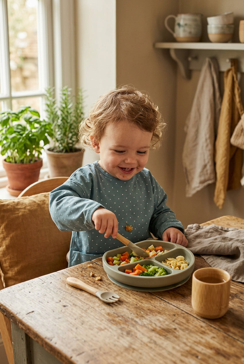 Bavoir bébé à manches en coton bio, pois saphir – Bientôt disponible