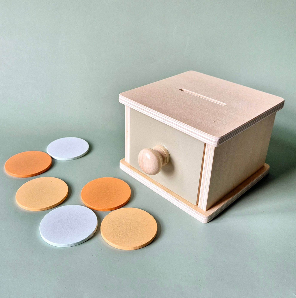 Boîte de jeu Montessori en bois avec tiroir et disques colorés pour motricité fine