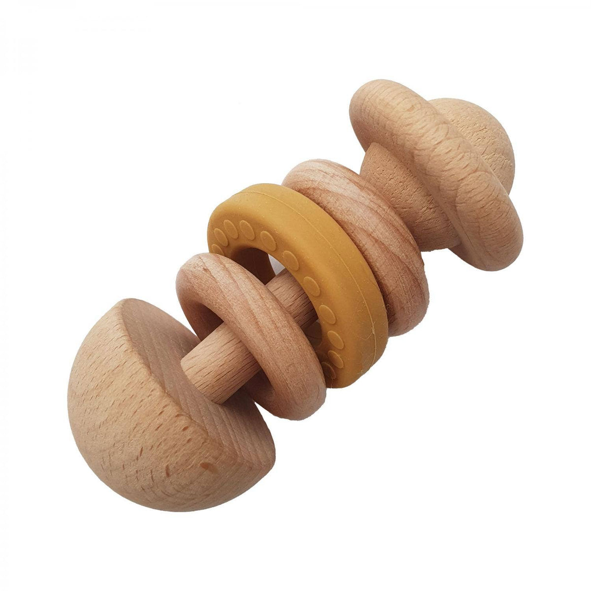 Hochet bébé en bois de hêtre et silicone ocre – Bientôt disponible