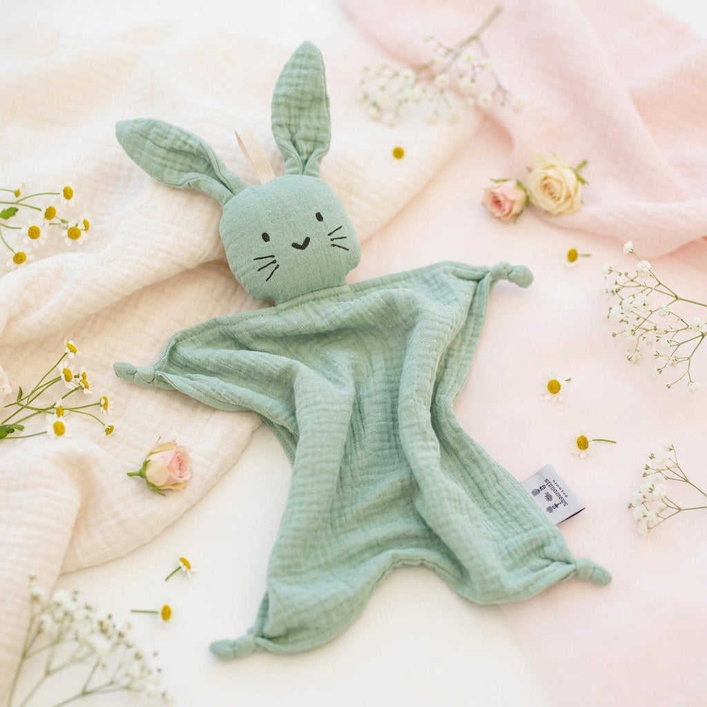 Doudou lapin en coton bio vert camée – Bientôt disponible