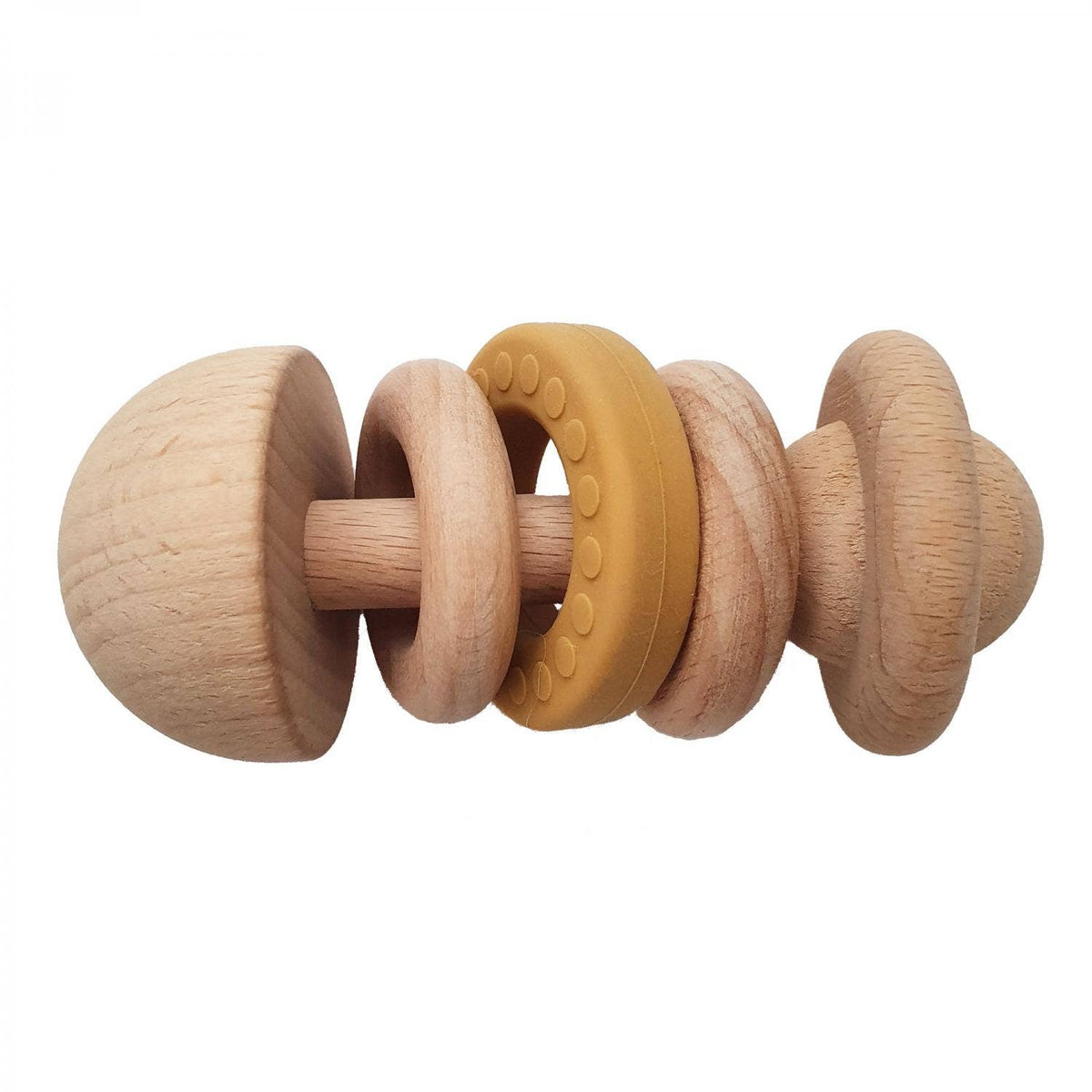 Hochet bébé en bois de hêtre et silicone ocre – Bientôt disponible