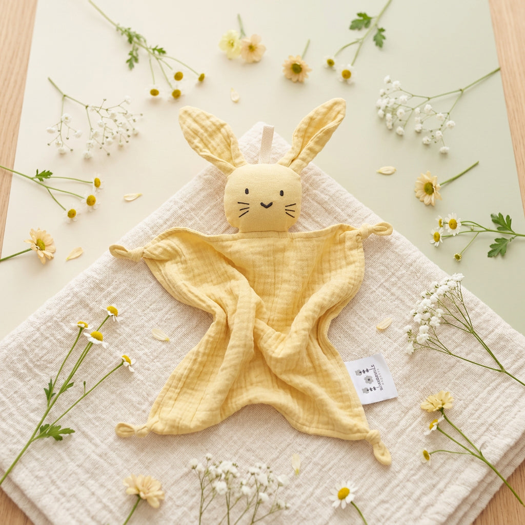 Doudou lapin en coton bio jaune soleil – Bientôt disponible