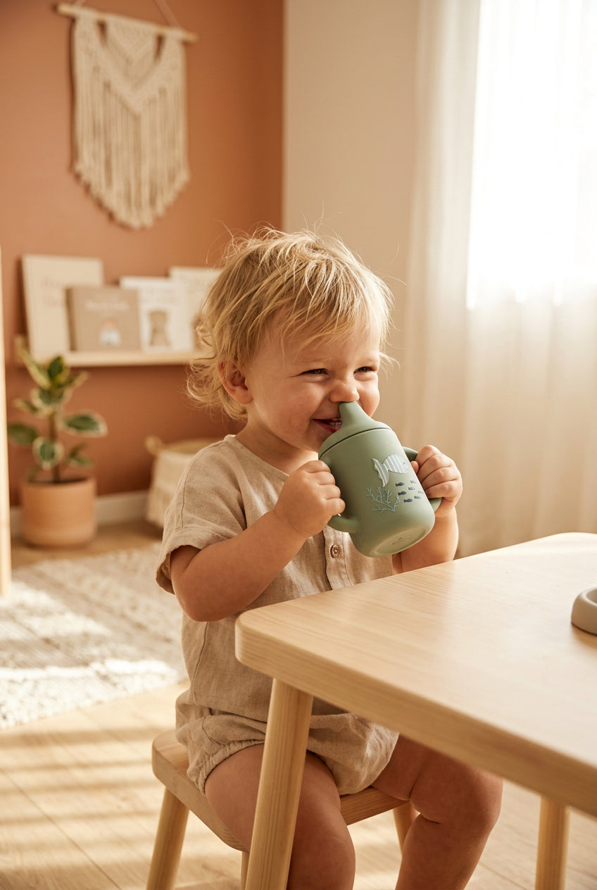 Tasse d’apprentissage bébé en silicone vert camée – Bientôt disponible