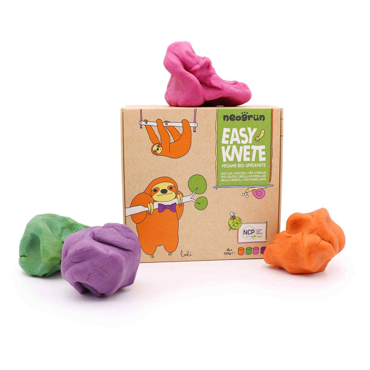Ensemble de 4 pâtes vegan faciles à modeler bio en couleurs orange, vert, rose, violet