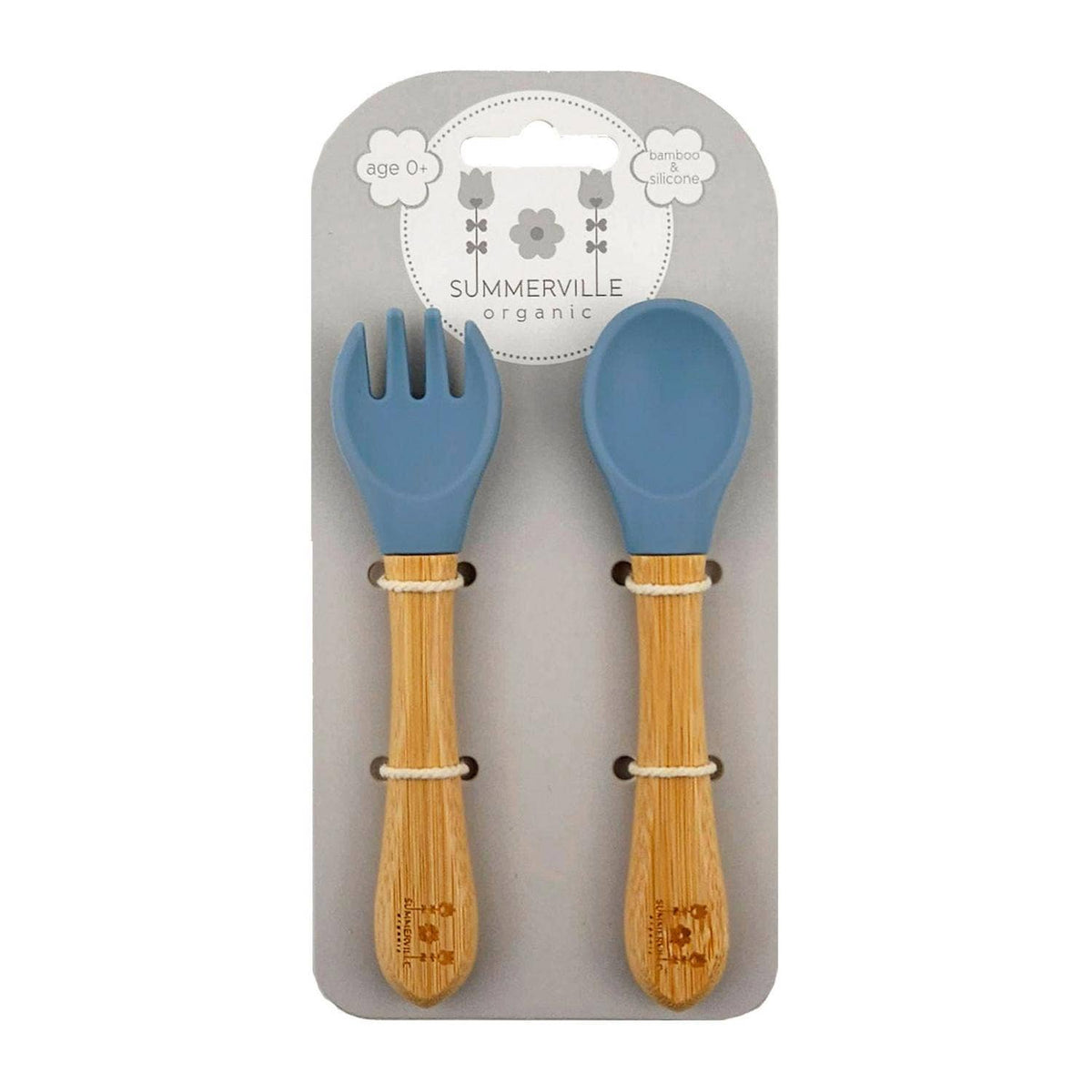 Cuillère et fourchette bébé en bambou et silicone bleu pierre – Bientôt disponible