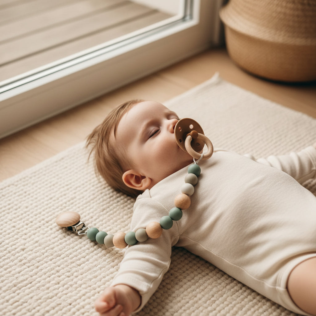 Coffret cadeau maternité fait main avec attache-sucette feuille, hochet crochet tintement et anneau de dentition bois pour bébé
